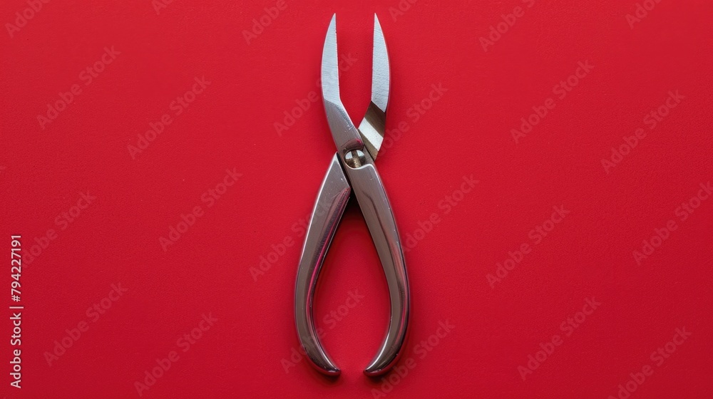 Poster A pair of scissors on a bright red background. Suitable for various projects