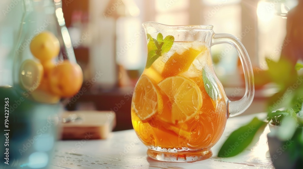 Poster fresh oranges in a pitcher on a wooden table, perfect for food and beverage concepts