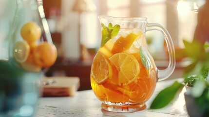 Fresh oranges in a pitcher on a wooden table, perfect for food and beverage concepts