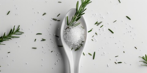 A single sprig of rosemary on a silver spoon. Ideal for culinary and food-related projects