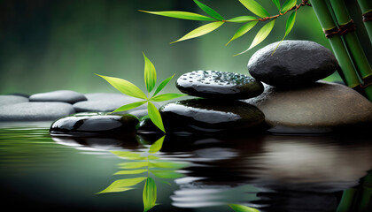 Obraz na płótnie Canvas zen stones on water and bamboo background, spa concept. Generative AI,
