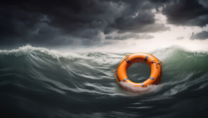Drifting on the waves, a lifebuoy serves as a beacon of safety in the expansive openness of the sea.
