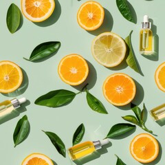 Fresh oranges and lemons with elegant perfume bottles. Perfect for beauty and wellness concepts