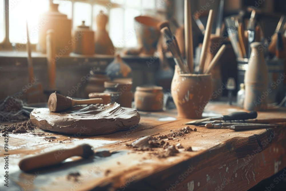 Poster various tools neatly arranged on a wooden table. ideal for diy and construction projects