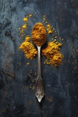 A spoon full of turmeric next to a pile of turmeric. Can be used for cooking or health-related designs