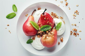 Fresh and healthy fruit and yogurt on a white plate. Perfect for food blogs or health websites