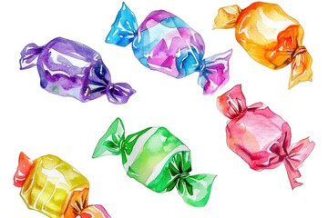 Colorful watercolor painting of various candies, perfect for sweet-themed designs