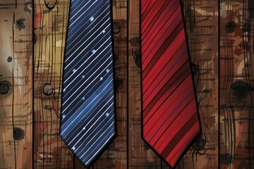 Two ties hanging on a rustic wooden wall. Perfect for fashion or menswear concepts