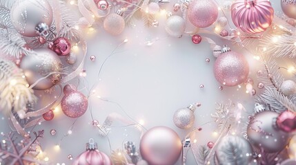 A whimsical and dreamy Christmas background with pastel-colored ornaments and soft fairy lights