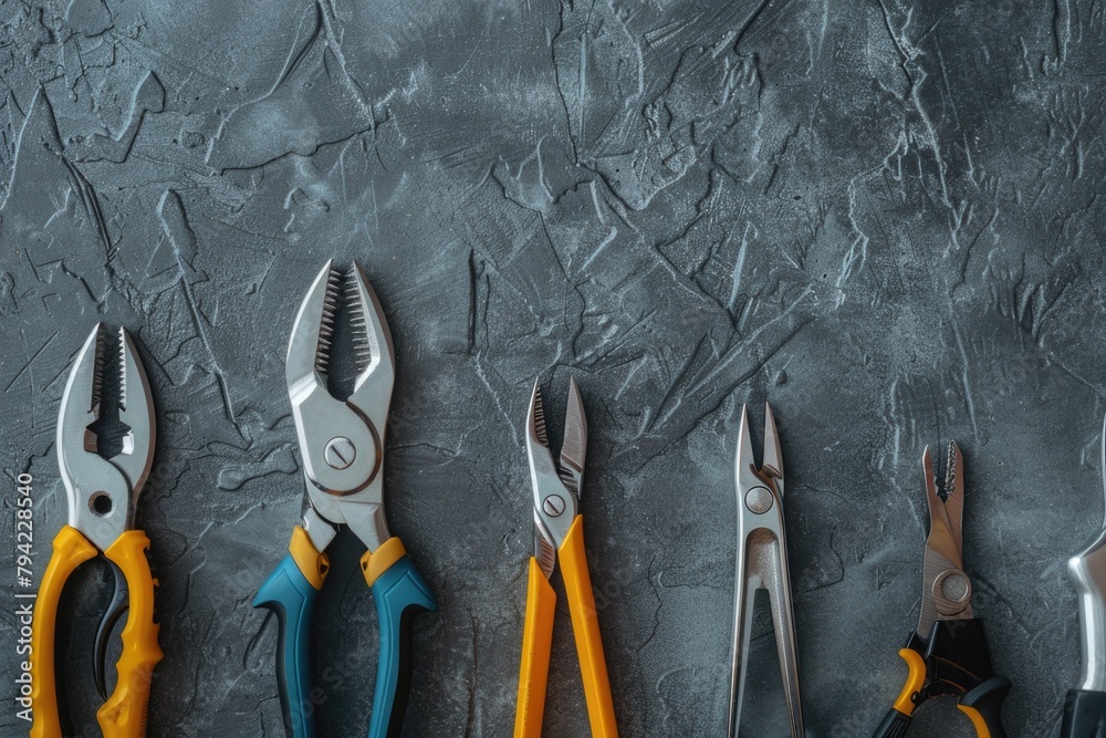 Poster Different types of pliers arranged on a table, useful for DIY projects
