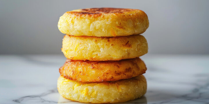 Arepas on a white marble table, Colombian comfort food, Thick and fluffy corn cakes.