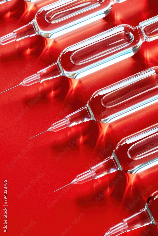 Poster Syrups lined up on red background. Perfect for food and beverage concepts