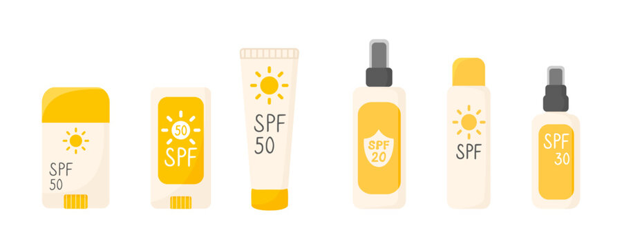Sunscreen products in flat style. SPF stick, spray, cream isolated illustration. Design element.
