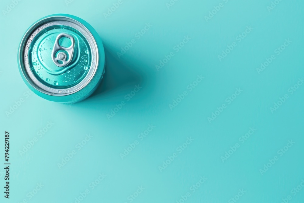 Poster a can of soda on a blue surface. suitable for beverage or refreshment concepts