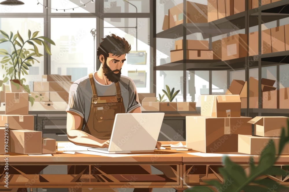 Poster a man sitting at a table with a laptop. suitable for business or technology concepts