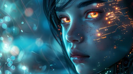 portrait of a woman robot, a girl with robotic features with glowing eyes cybernetic enhancement, fusion of technology and humanity in futuristic society - obrazy, fototapety, plakaty