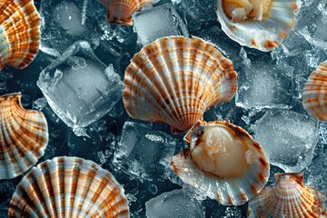 A close up of a bunch of shells on ice. Suitable for winter-themed designs - Powered by Adobe