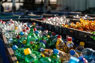Assorted plastic bottles in recycling bins