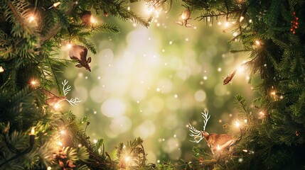 A whimsical and enchanting Christmas background adorned with fairy lights and magical snowflakes