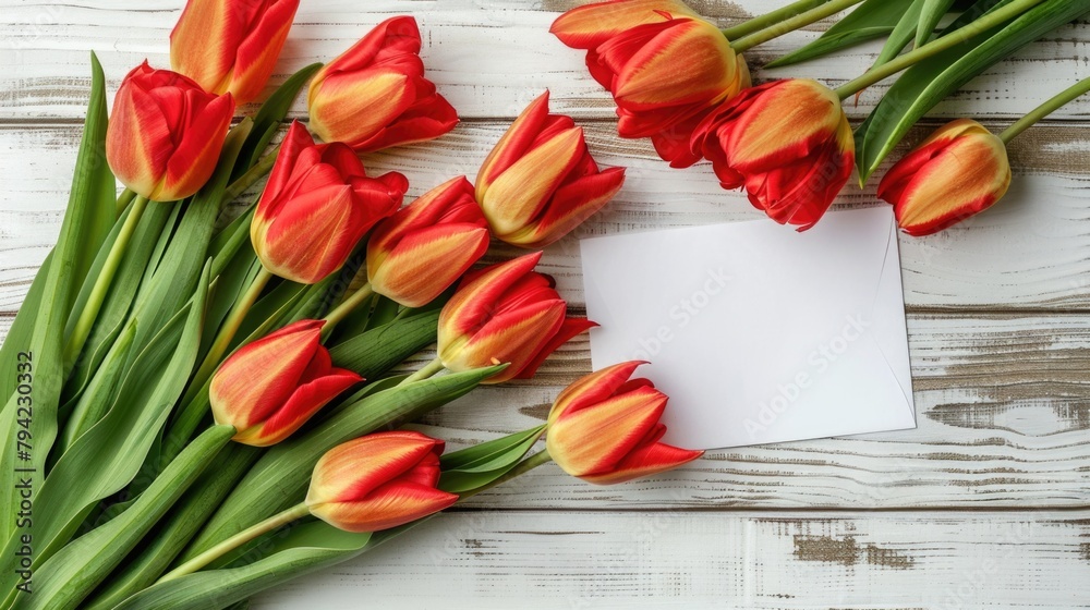Poster vibrant red and yellow tulips next to a piece of paper. suitable for various projects