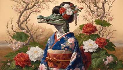 A Crocodile dressed in a kimono stands in front of a field of flowers. The flowers are pink and white.