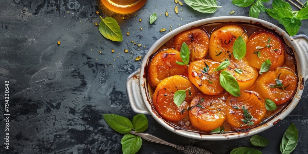 Poster fresh oranges with basil leaves and a refreshing glass of orange juice. perfect for food and beverag