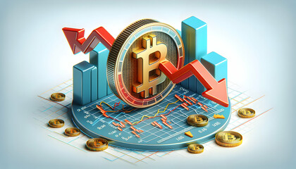 3D Flat Icon Illustrating Digital Currency Decline with Downward Arrows and Bitcoin Symbols on Abstract Chart