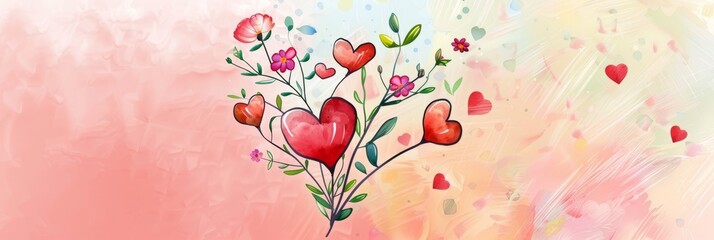 Painting of Hearts and Flowers on Pink Background