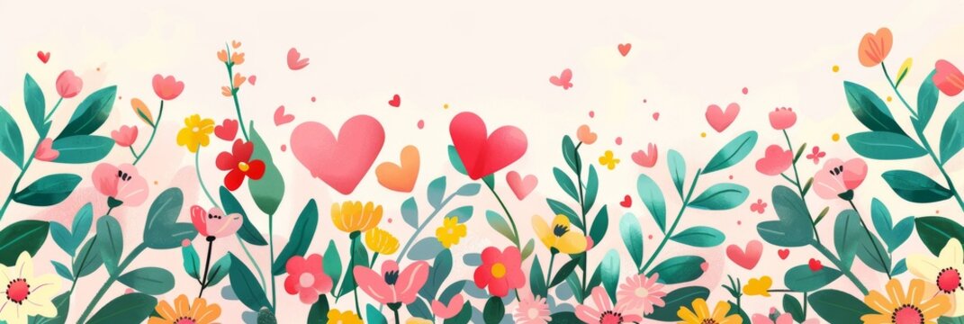 Floral Bouquet and Hearts Painting on White Background