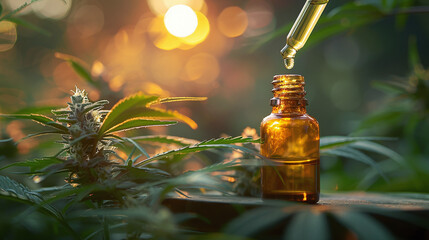 close up of CBD oil dropper in a marijuana plantation field, cannabidiol, alternative medicine