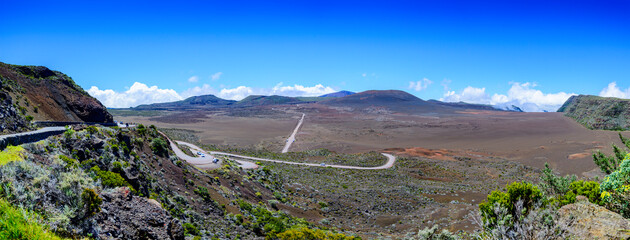 Panoramic view of volcanic landscape at La Plaine des Sables at Reunion Island