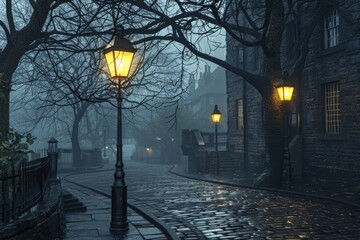 Moody Evening in Victorian town - Vintage Cityscape with Gas-Lights on Cobbled Streets