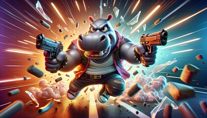 A cartoonish hippo is holding two guns and is in the middle of a violent explosion. The image has a dark and intense mood, with the hippo's aggressive stance and the destruction around him