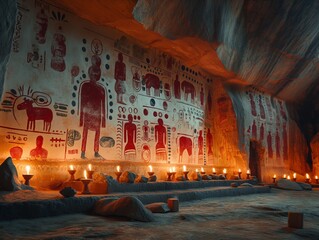 A cave with red and white drawings on the wall. The drawings are of people and animals. The cave is lit with candles - obrazy, fototapety, plakaty