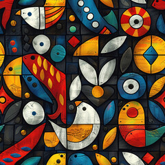  pattern inspired by Madhubani art, characterized by eye-catching geometrical patterns. Use motifs like fish, birds, turtles, and Hindu deities, outlined in bold black with fills of bright, unmixed co