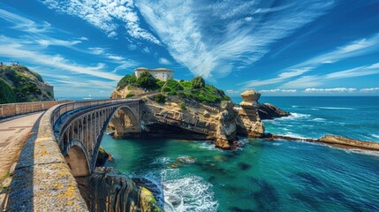  A Bridge to the Island. Enchanting Coastline in Shades of Blue with - obrazy, fototapety, plakaty