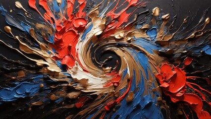 Swirl of white, black, gold, red, blue colors on canvas - 794232135