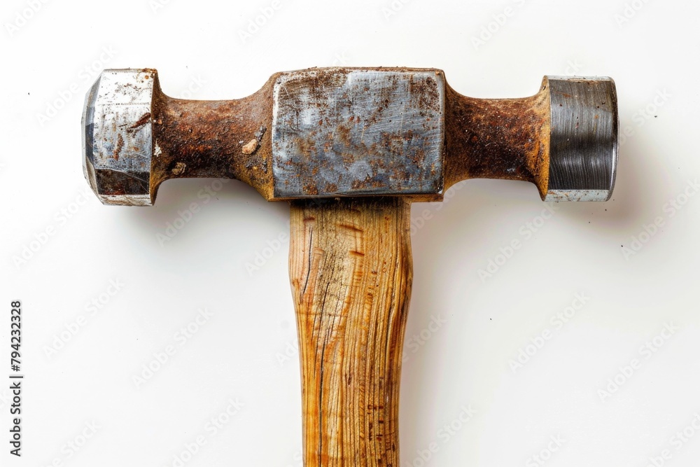 Poster close up shot of a hammer on a white surface. suitable for construction or diy projects