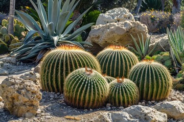 Beautiful Desert Botanical Garden: Closeup of Barrel Cactus in Botanic Background