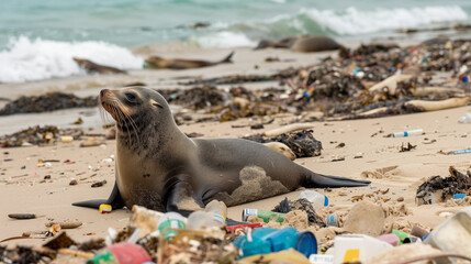 Naklejka premium A fur seal among the trash on the shore. Ecological catastrophy.