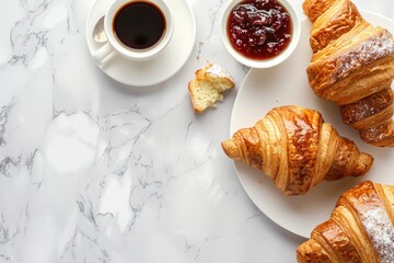 A plate of croissants and a cup of coffee. Perfect for breakfast scenes