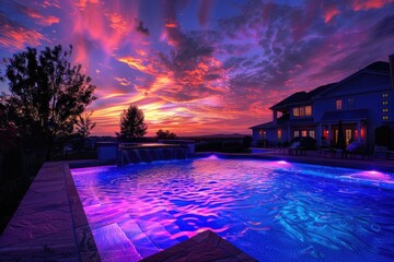 Luxury Sunset Backyard with Pool and Vibrant Twilight Sky. Enjoying a Summer Evening in Your Purple
