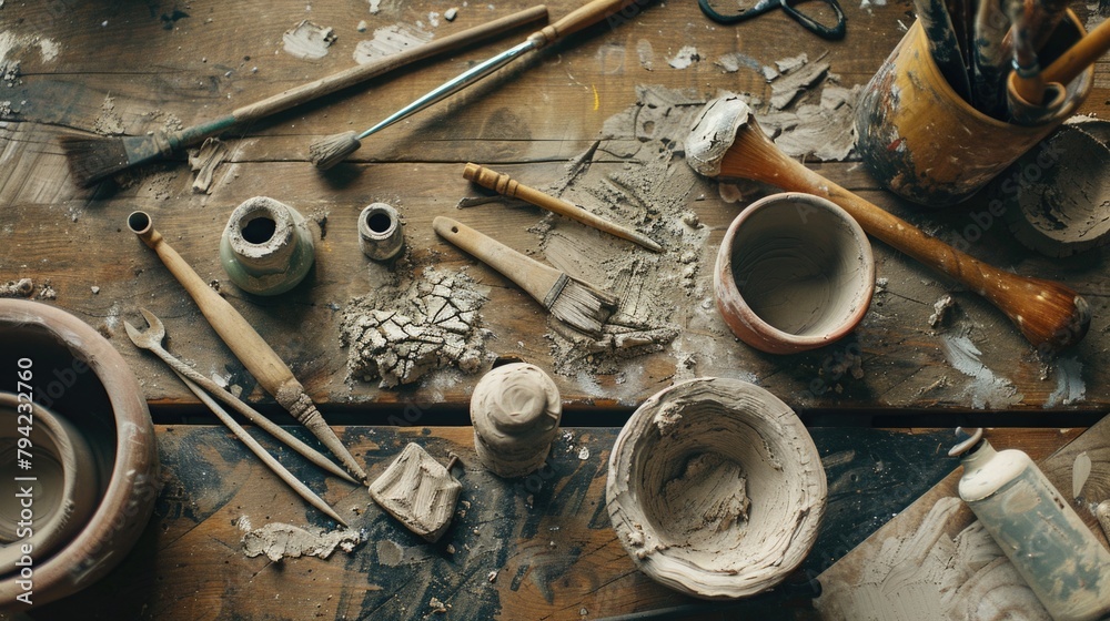 Poster a rustic wooden table with various pottery and tools, suitable for home decor or diy projects