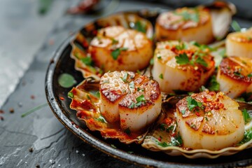 Delicious scallops in savory sauce, perfect for seafood lovers - obrazy, fototapety, plakaty