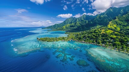 Aerial View of Moorea Island with Pristine Green Lagoon, Paradise