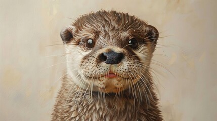 A wet otter looks at the camera. Close-up of an animal's head. Wildlife theme. - obrazy, fototapety, plakaty