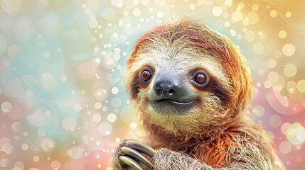 Fototapeta premium A cute baby sloth is smiling and looking at the camera. The image has a warm and friendly mood, and it's a great representation of the cuteness of these animals