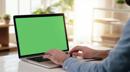 Laptop is used by a man looking at a green screen. Freelancer is seen working remotely from home. He is typing on the keyboard, and browsing internet close up