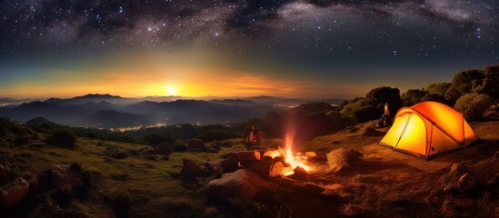 silence at night on the top of a mountain accompanied by a simple tent and campfire and the stars starting to shine