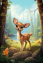 Cute baby deer against the backdrop of a forest landscape.